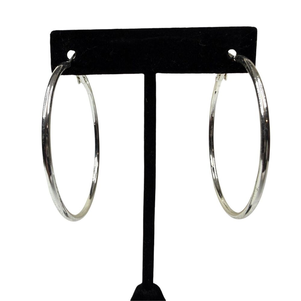 Large Thin Silver Tone Hoop Earrings Fashion Jewelry Women's Modern Style 2"